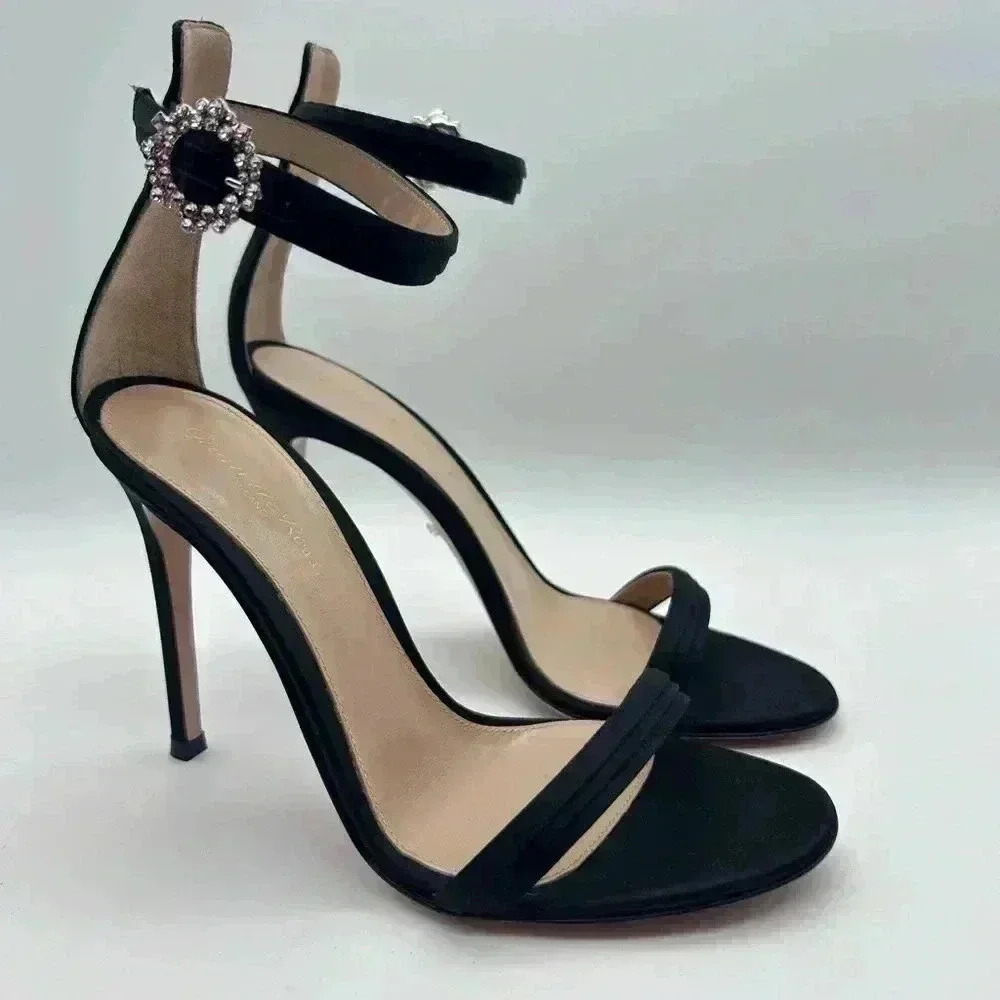 GIANVITO ROSSI Ava Crystal Embellished Satin Sandals Heels Black Size 37 - Picture 2 of 14